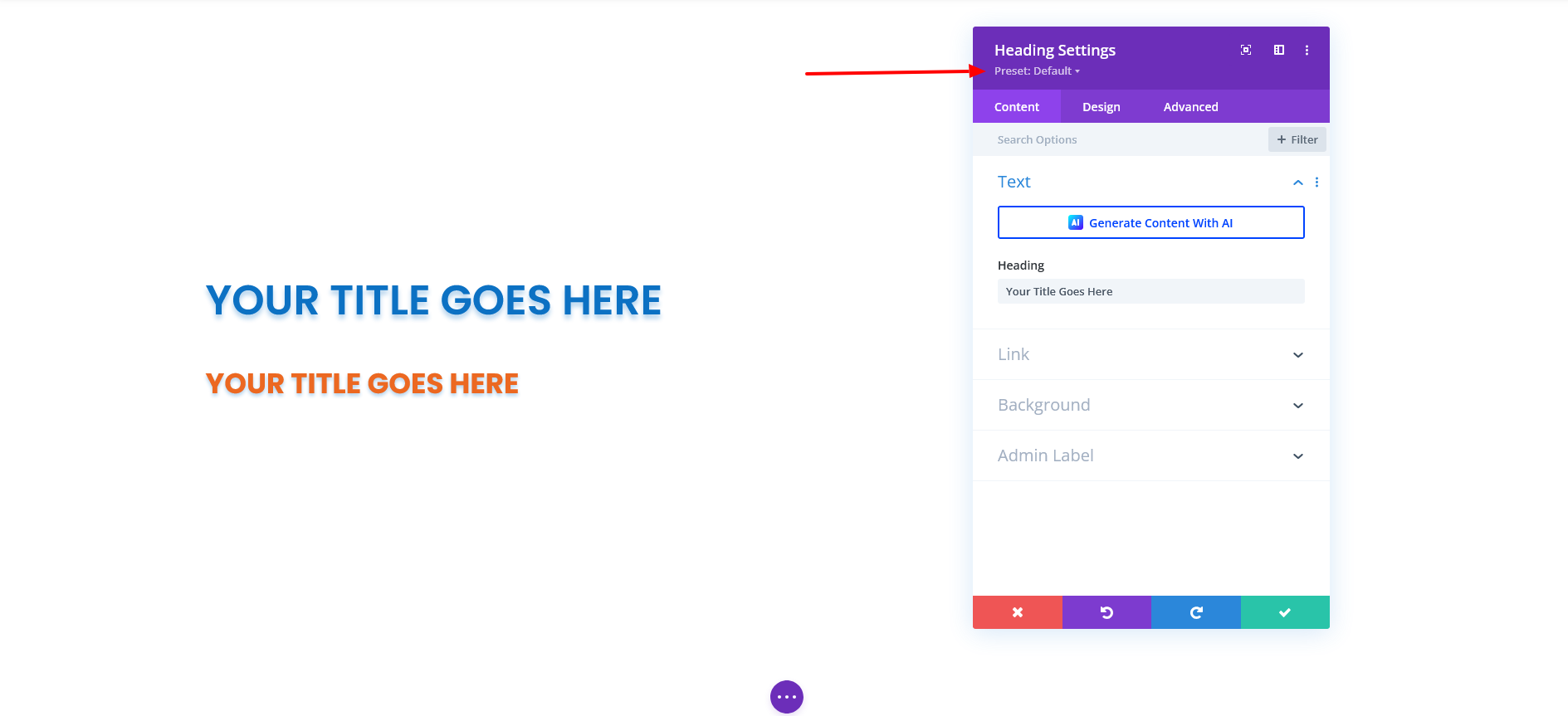 Divi Visual Builder interface with preset options highlighted 