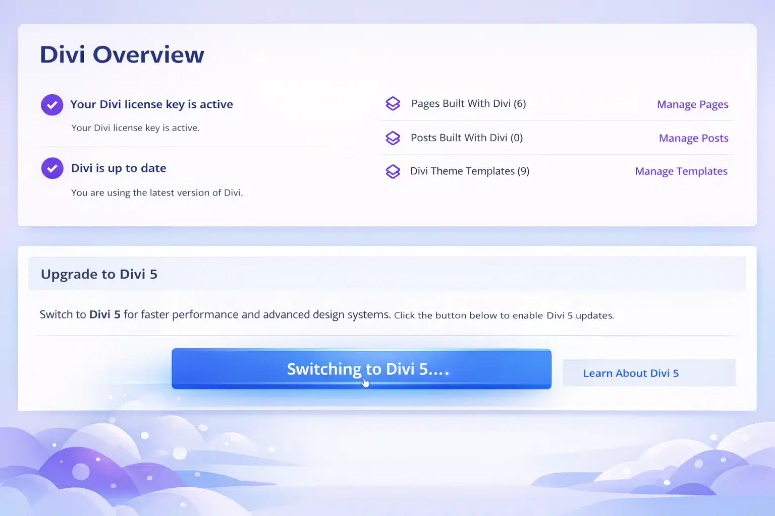 Divi Overview dashboard interface