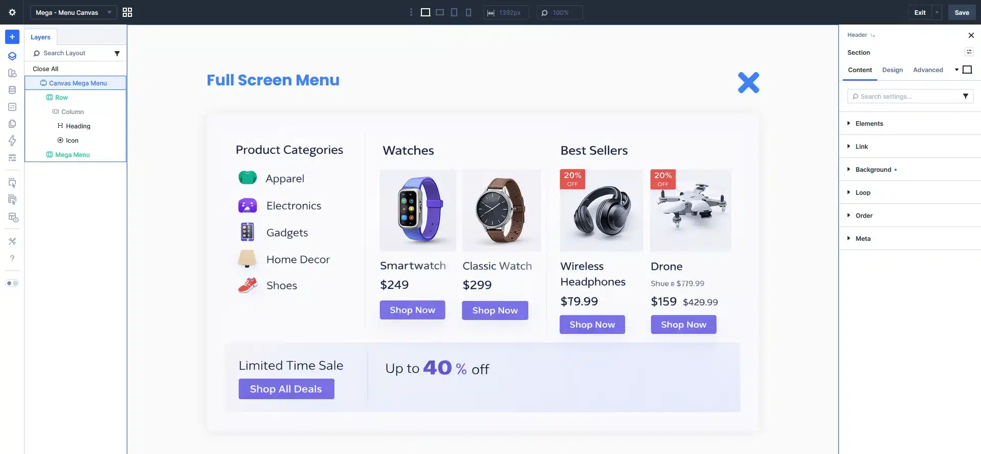 Create a Full-Screen Menu Canvas