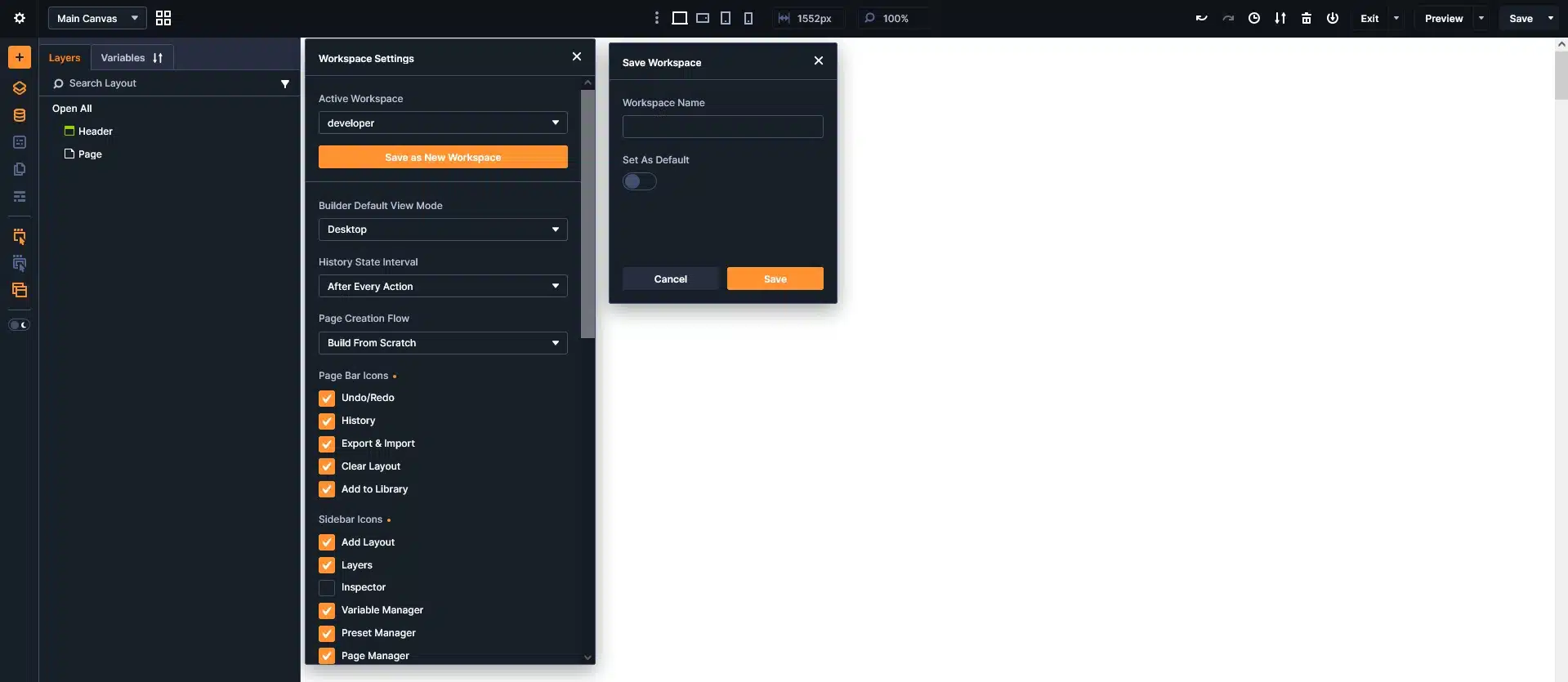 Divi 5 Save as New Workspace workspace name