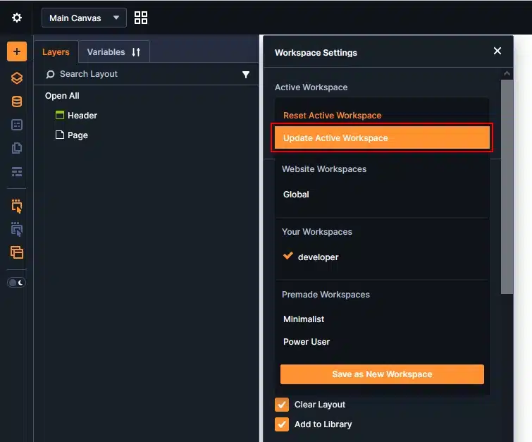 Divi 5 Workspace dropdown Update Active Workspace