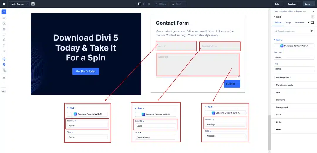Email Address, Message Pattern, and Field ID settings