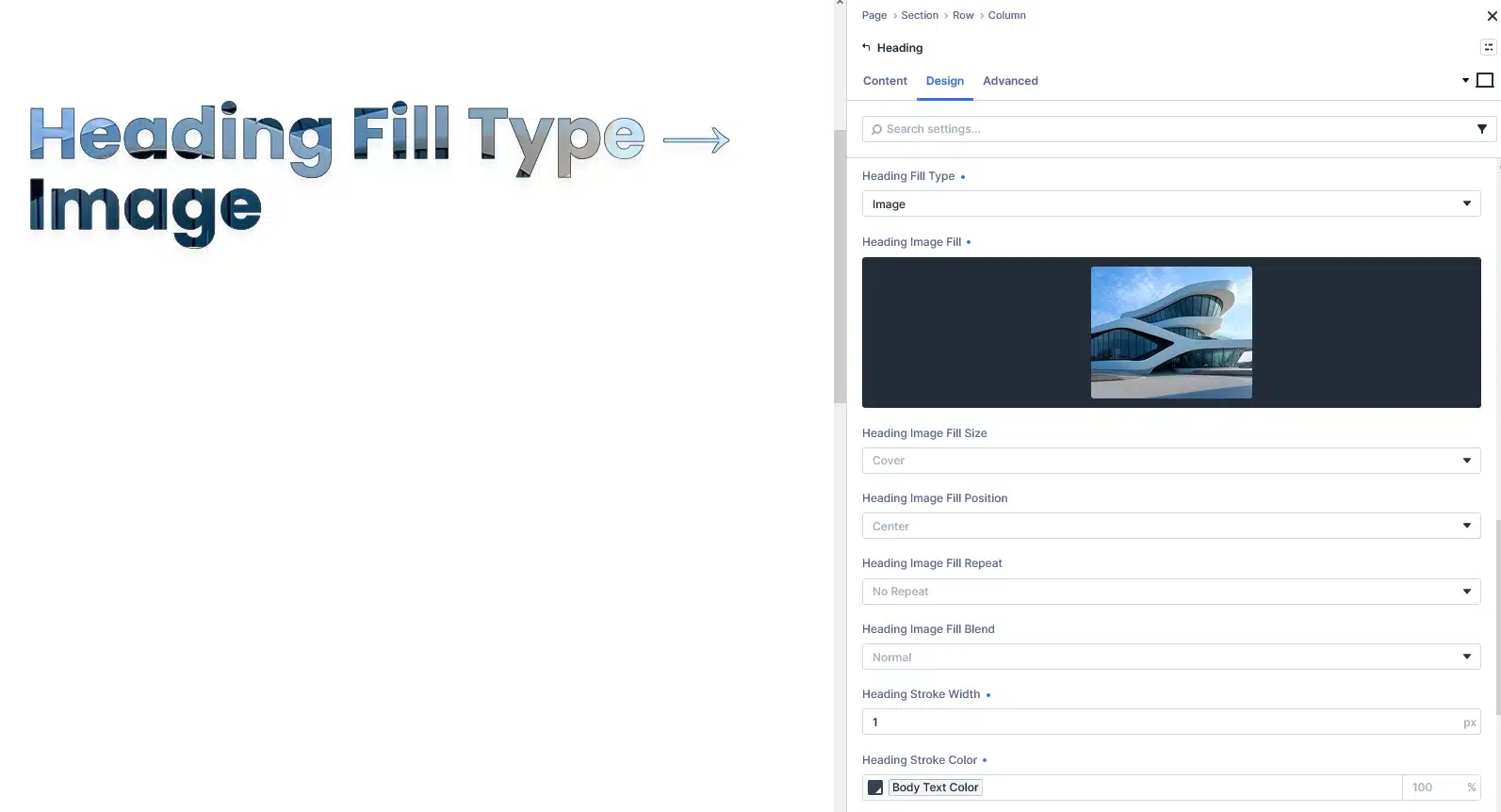 Heading Image Fill settings