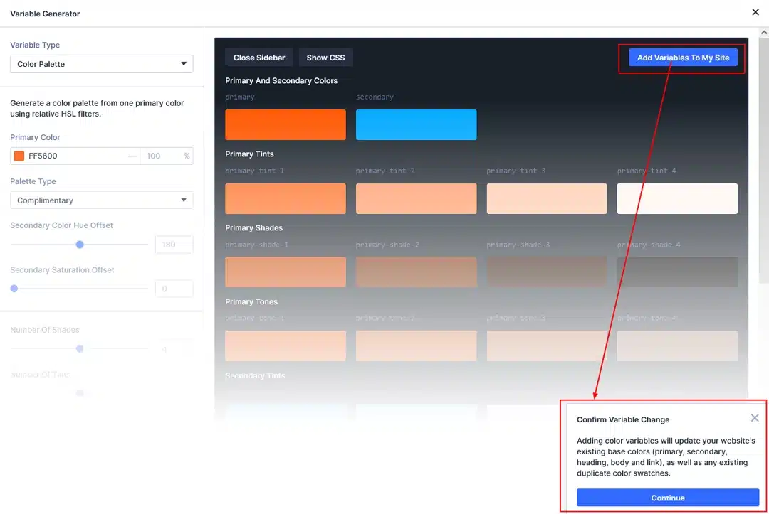 Add Variables To My Site button