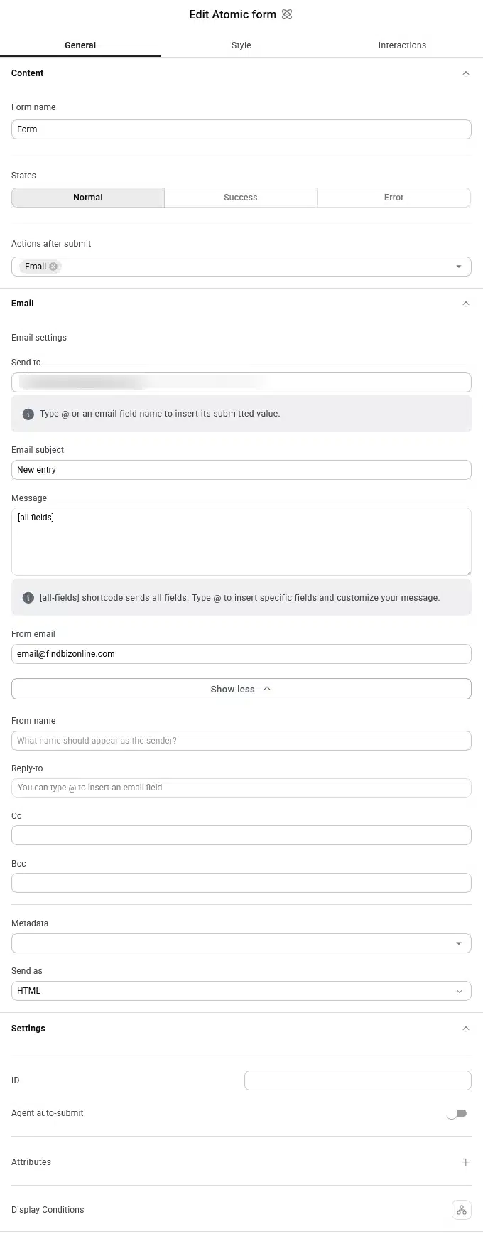 Atomic Form email settings