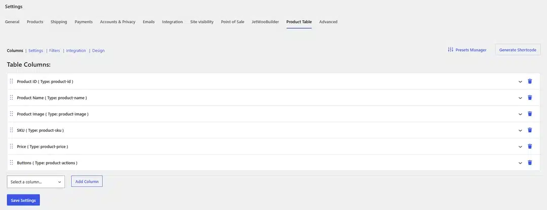 Configure JetProductTables