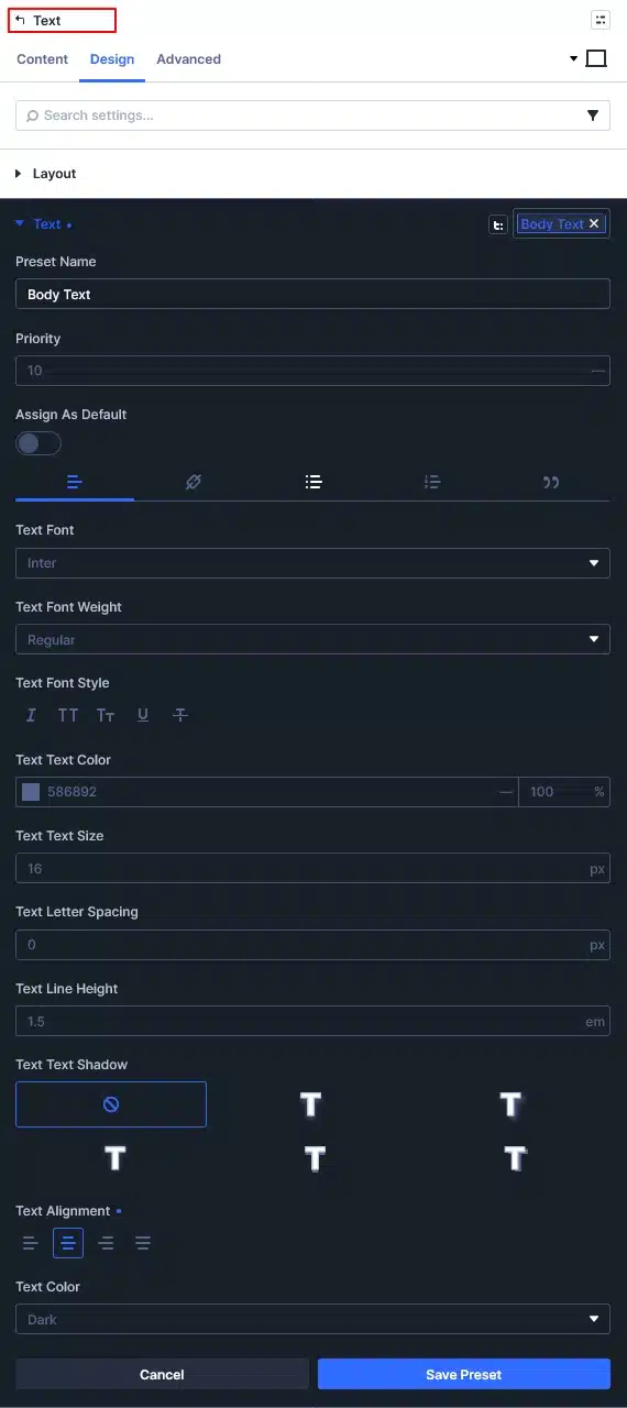 Create a Body Text Preset