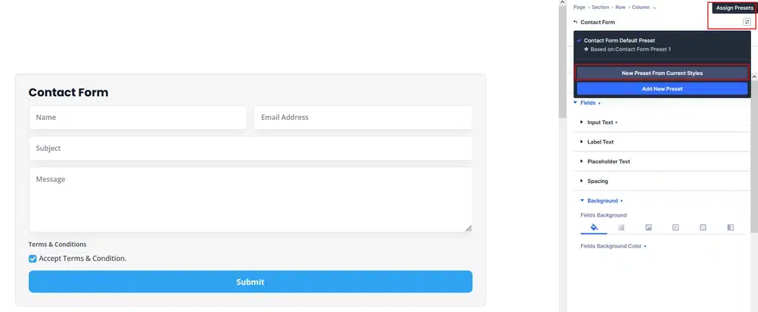 Creating the Contact Form Element Preset