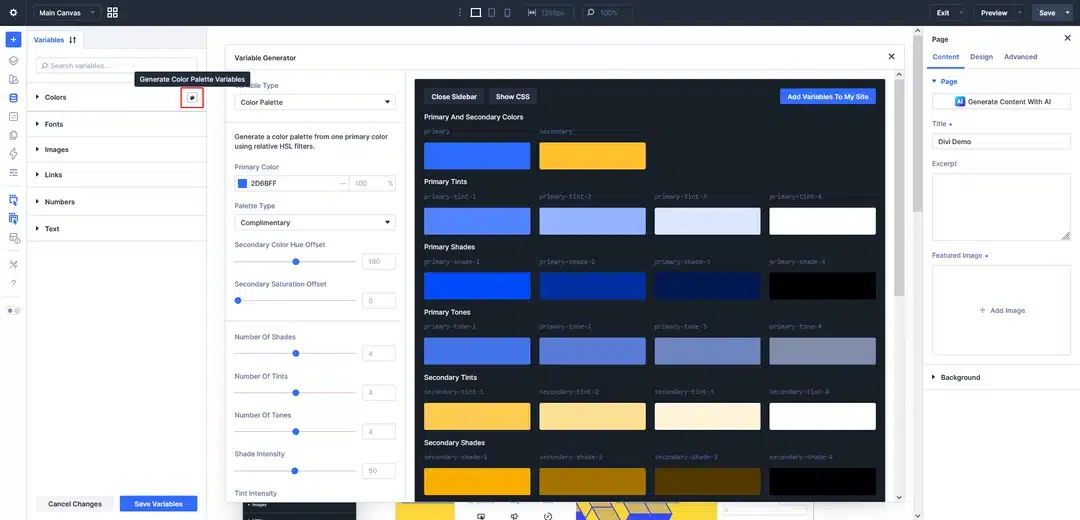 Divi 5 Variable Manager showing Generate Color Palette Variables
