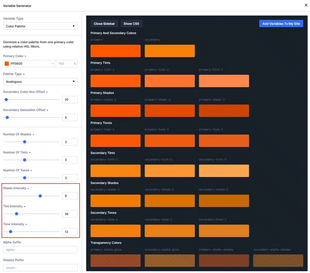 Intensity settings