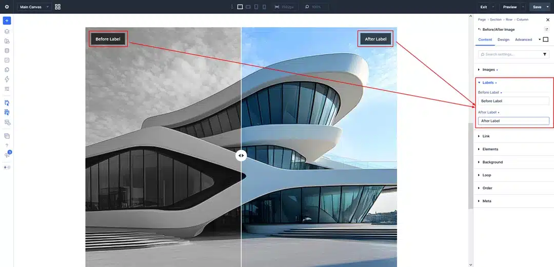 Labels settings showing Before Label and After Label fields