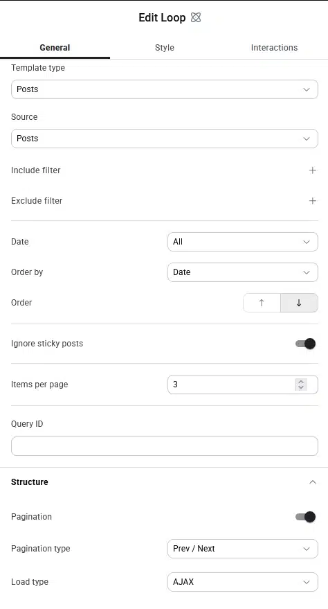 Loop settings showing Template Type and Source