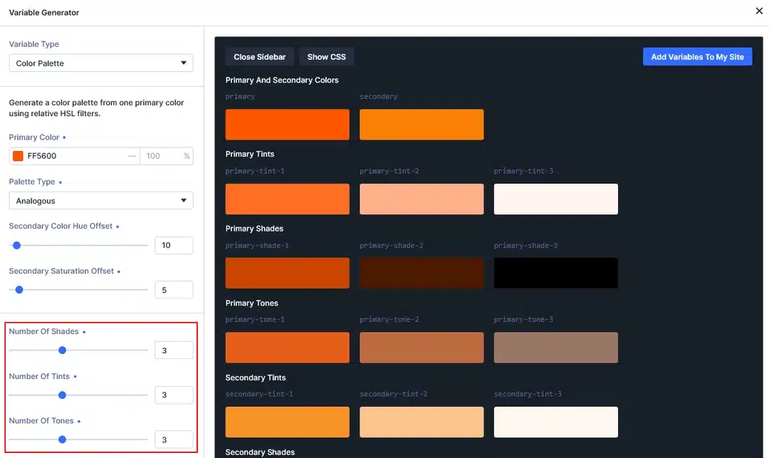 Number of Shades, Tints, and Tones settings
