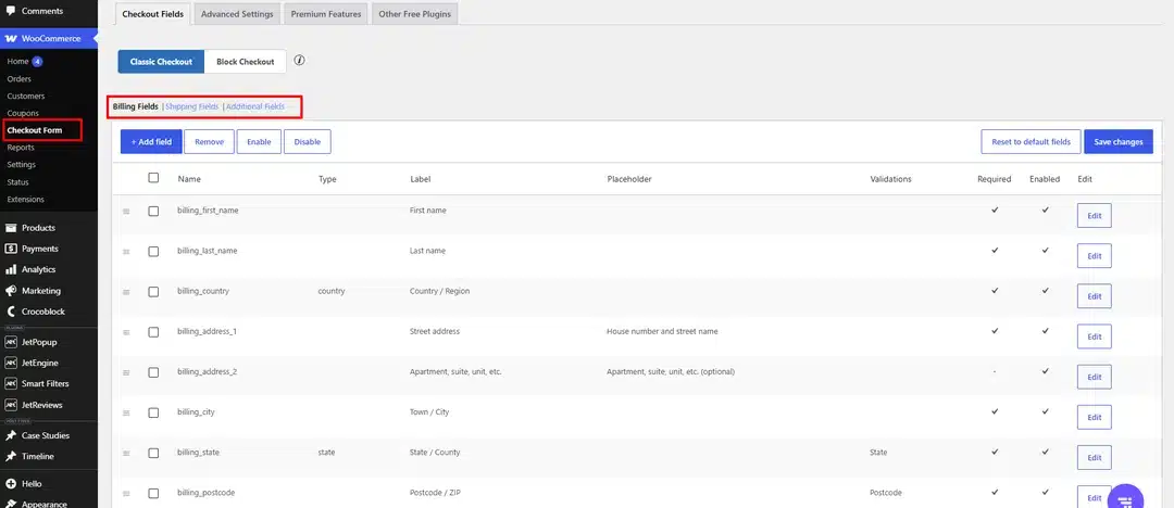 Open the Checkout Field Settings