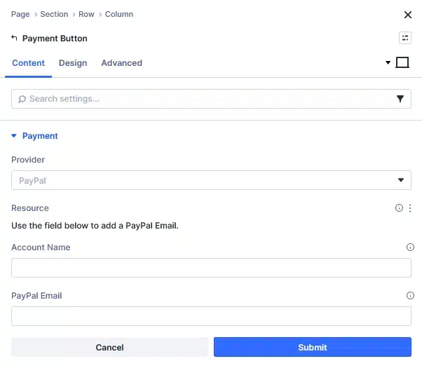 PayPal selected as the Payment Button provider