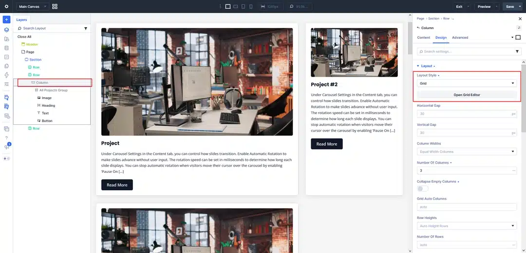 Step 2 Select the Parent Container & Change the Layout to Grid