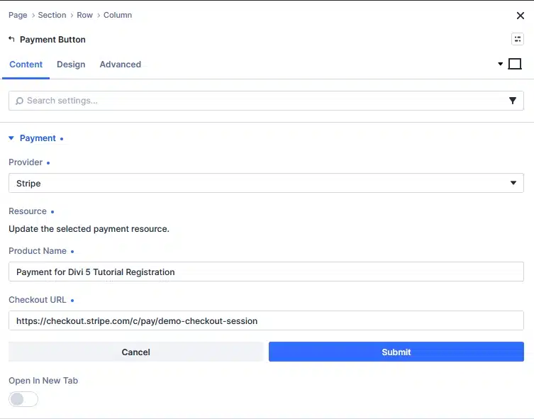 Stripe Checkout URL field