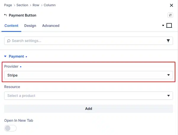 Stripe selected as the Payment Button provider