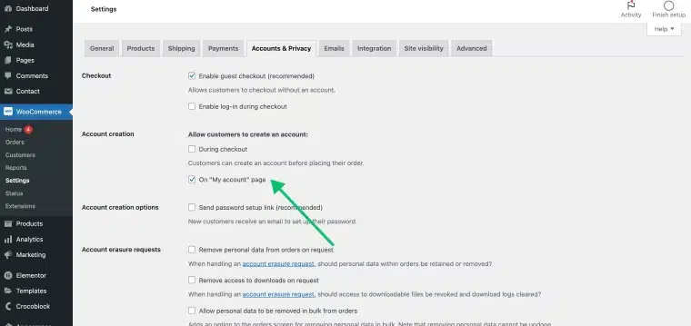 WooCommerce Settings Accounts & Privacy