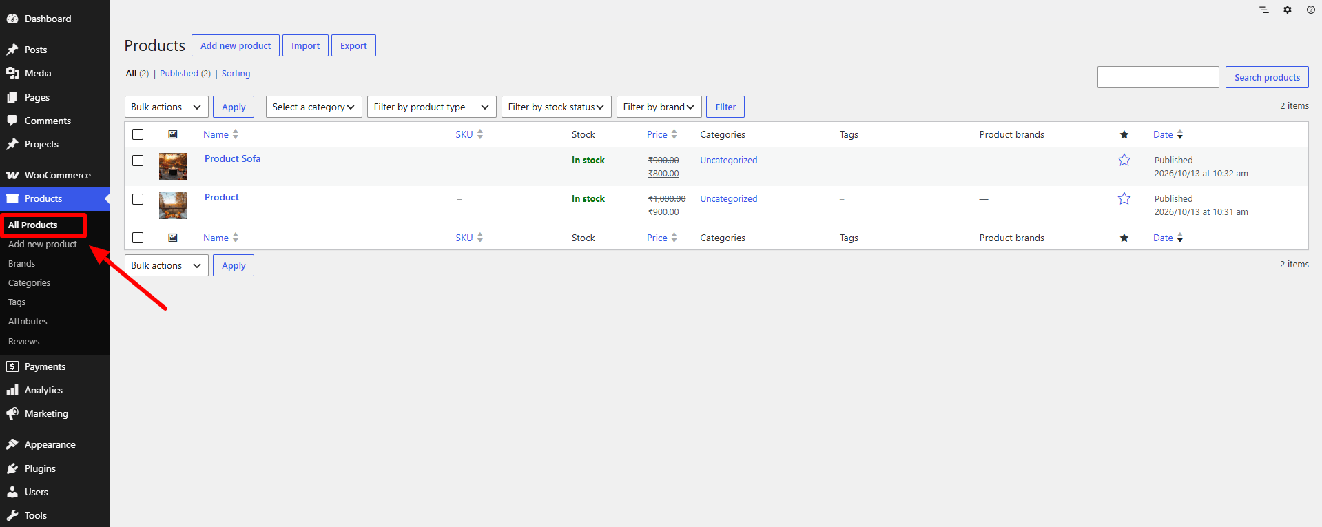 All Products to review your existing inventory