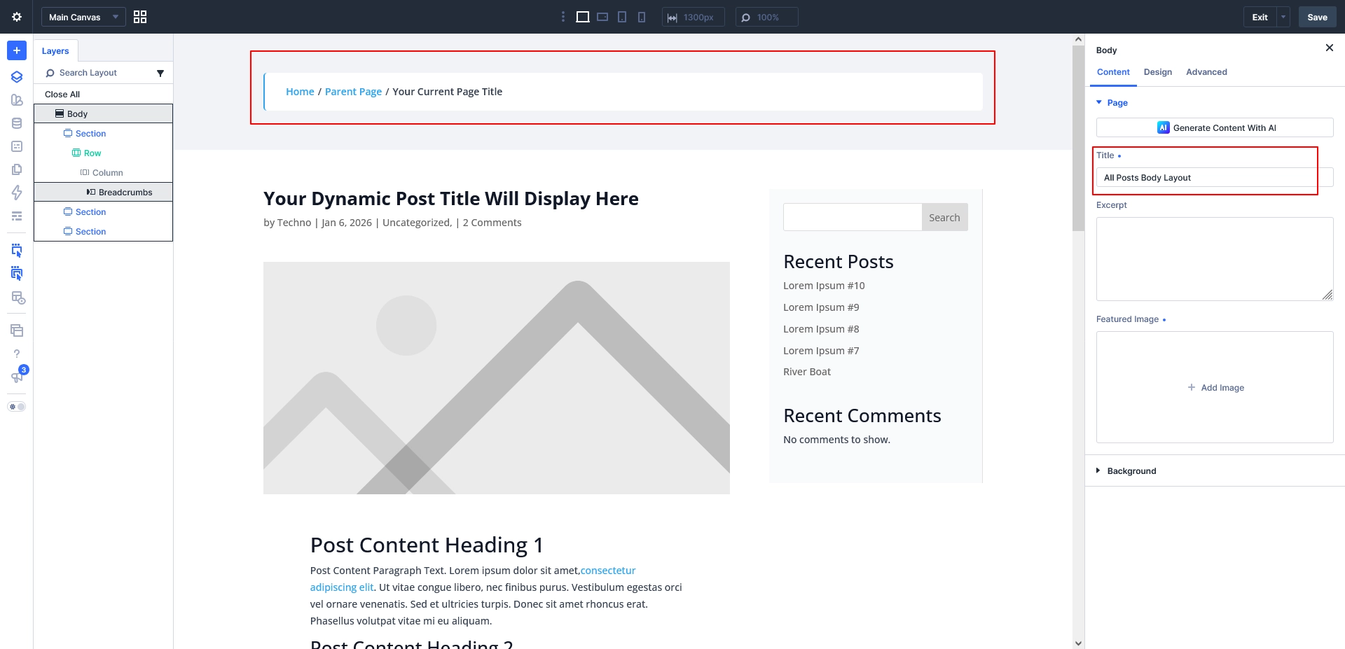 Breadcrumbs inside a Divi 5 Theme Builder post template