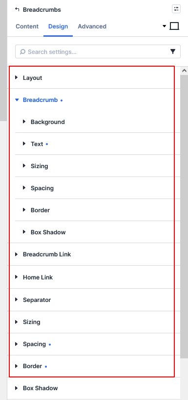 Divi 5 Breadcrumbs Design settings