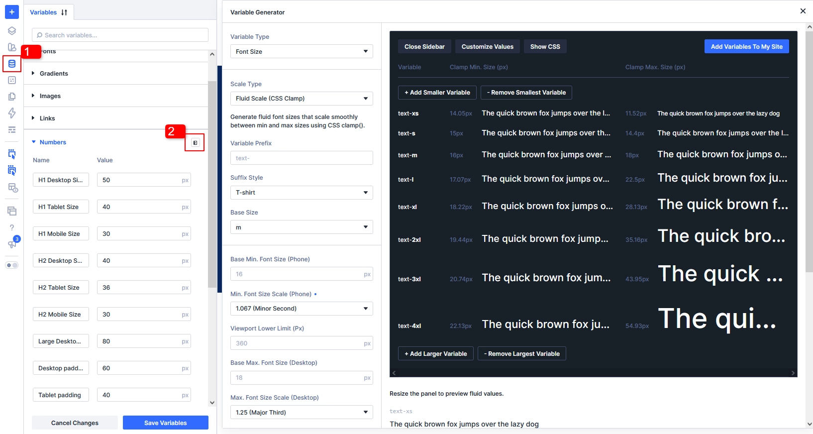 Divi 5 Variable Manager showing the Font Size Scale option