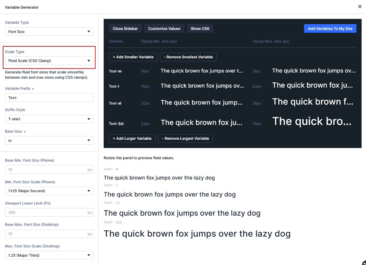 Fluid Scale option in Divi 5 Variable Generator