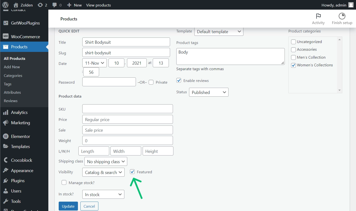 WooCommerce product is marked as Featured