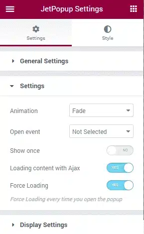 jetpopup settings